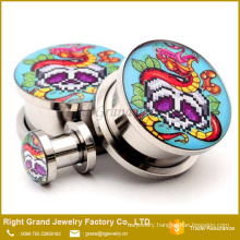 Cuztomized Stainless Steel Colorful Skull Logo Epoxy Ear Flesh Tunnel Jewelry
